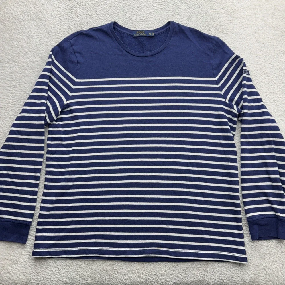 Polo Ralph Lauren Mens XXL Navy Blue White Striped Long Sleeve Crew Neck Shirt
